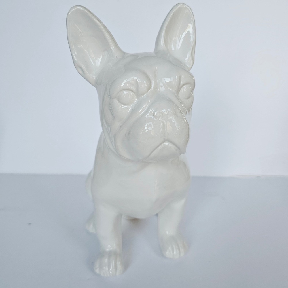 White Ceramic French Bulldog Figurine Glossy Minimalist Dog Statue‎ 11" Frenchie